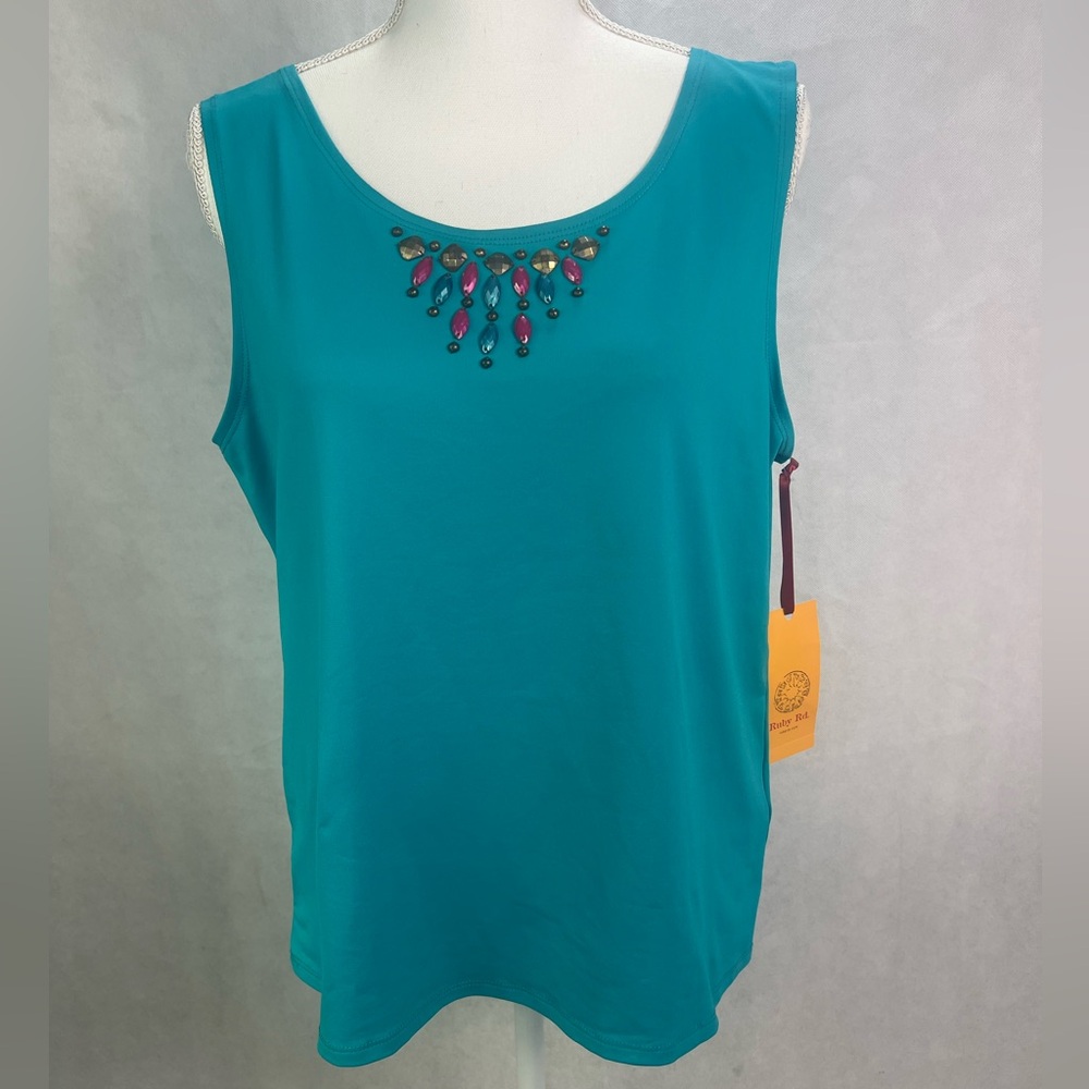 Ruby Rd Top Tank Sleeveless Blouse Shirt Teal Bejeweled Beaded Embellished Sz L